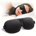 Black sleep mask on a white background with a blurred person wearing it.